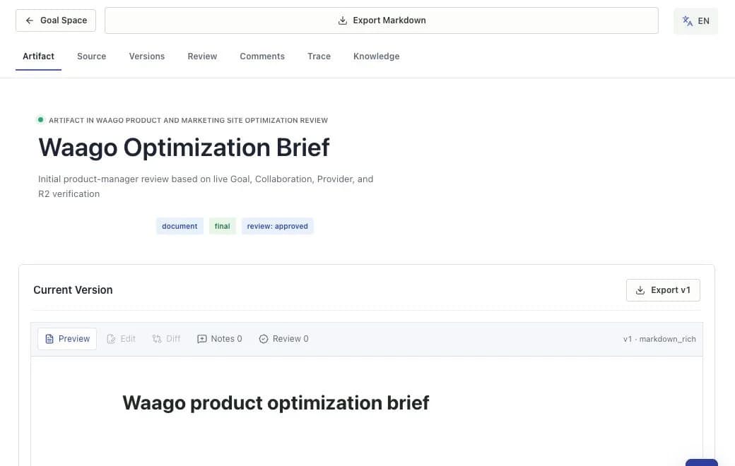 Waago artifact workbench with version, review, approval, and export controls