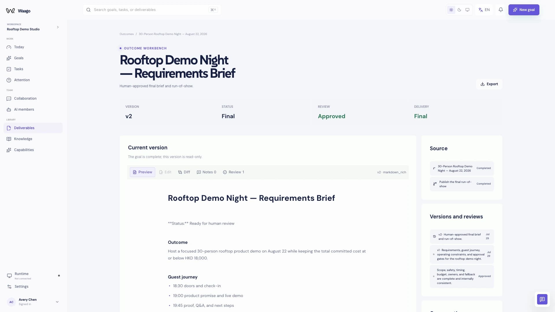 Waago outcome workbench for an approved rooftop demo requirements brief with version, review, delivery, and export state